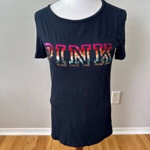 PINK T-Shirt Womens Size XS Black Sequin Graphic Multi-Color Logo Glam